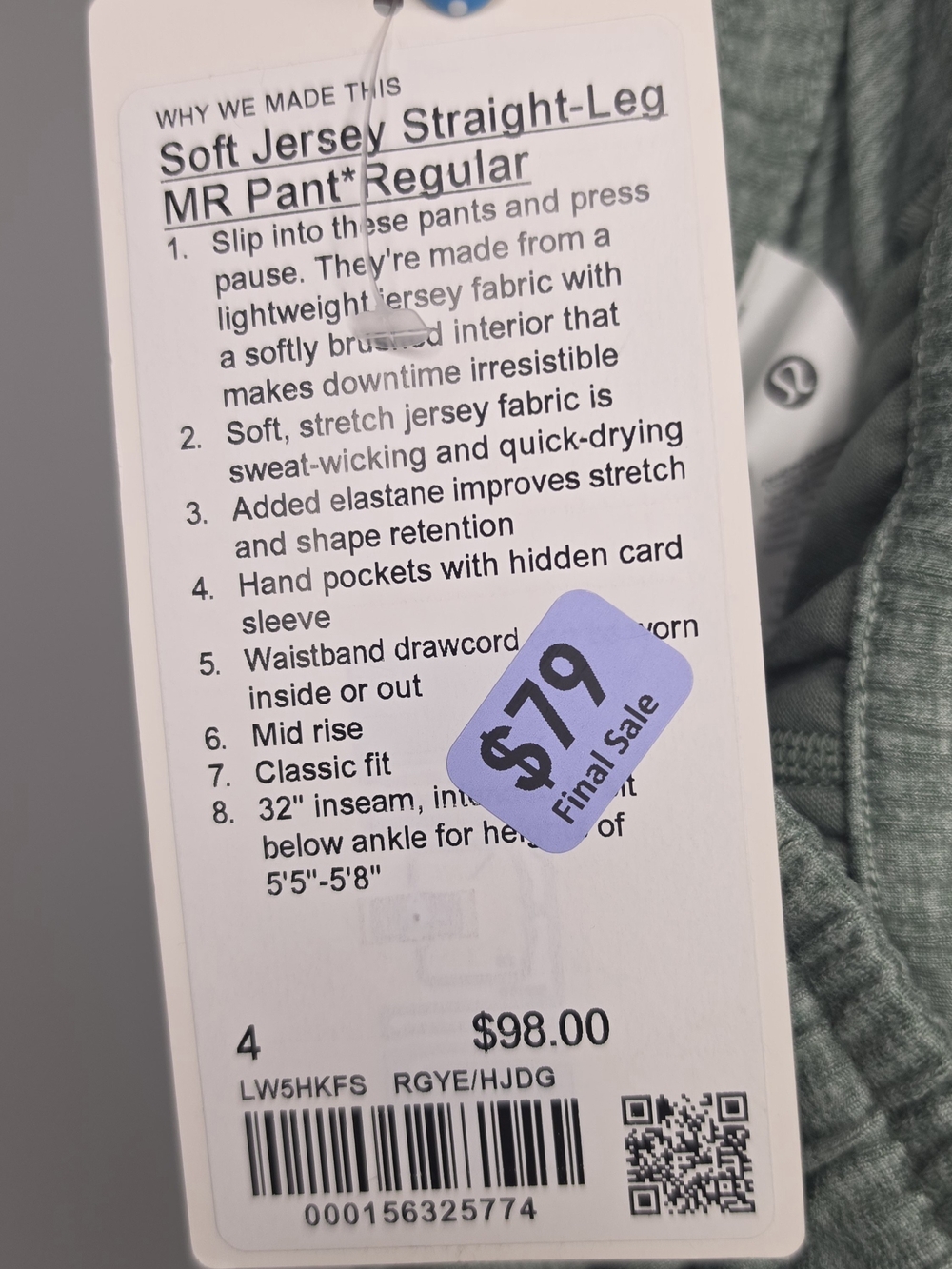 Lululemon Straight-Leg Mid-Rise Pant Regular Heathered Grey Eucalyptus 4 NWT - Picture 6 of 6